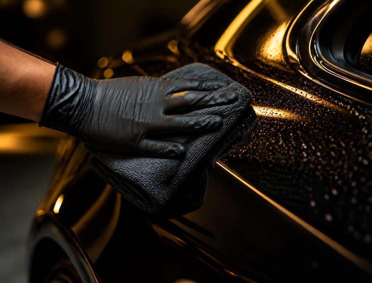 Gloved hand polishing a dark car panel with a microfiber cloth