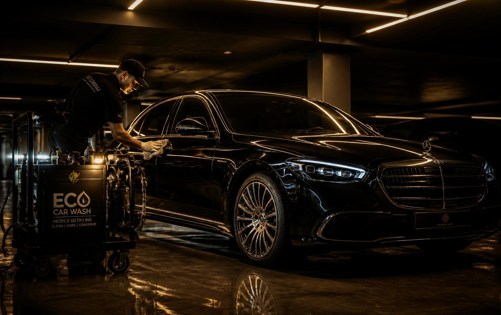 Detailer washing a black luxury sedan with a mobile eco car wash cart in a parking garage